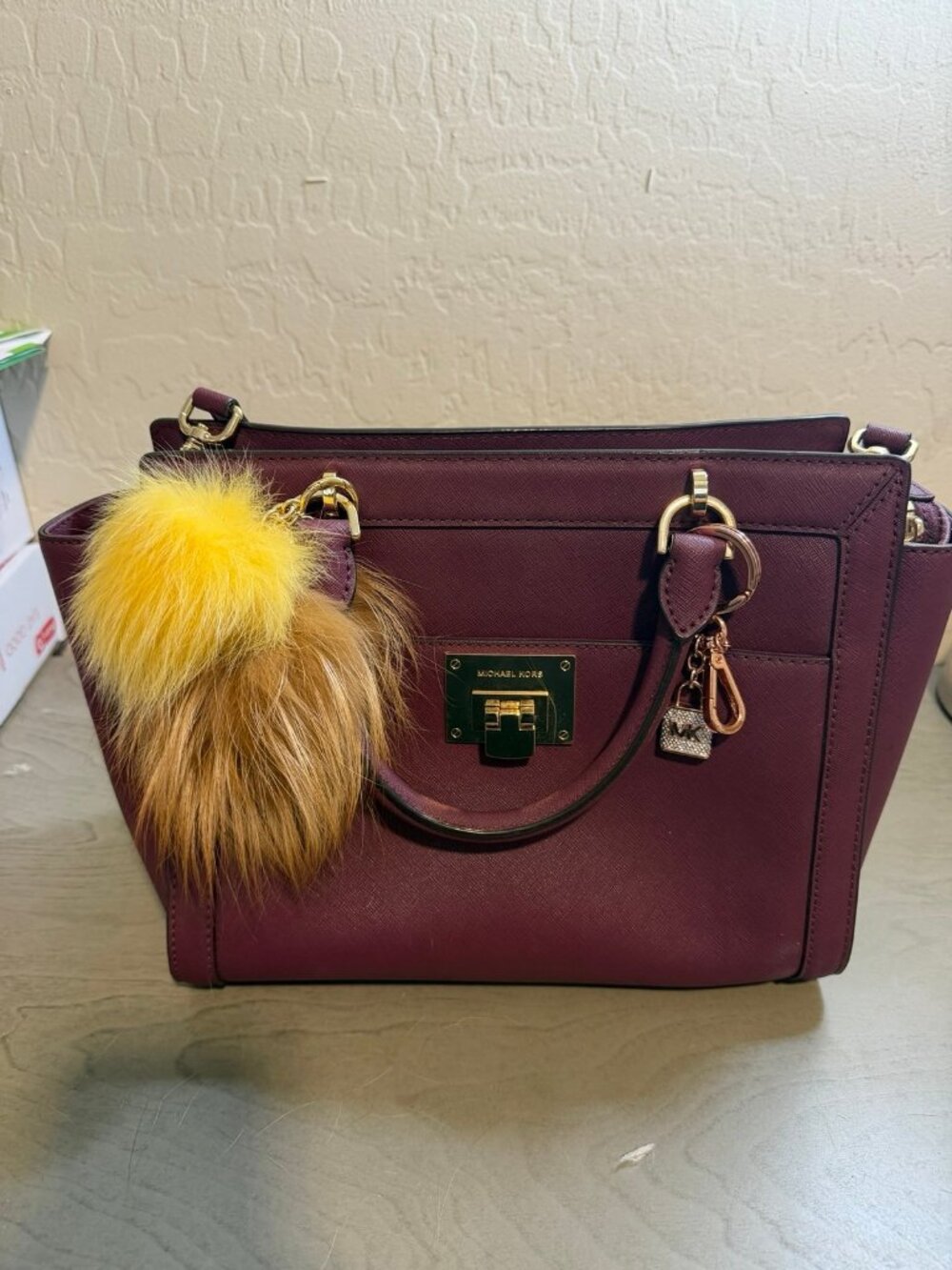 Michael Kors Satchel Handbag with Fur Pom Pom Charm